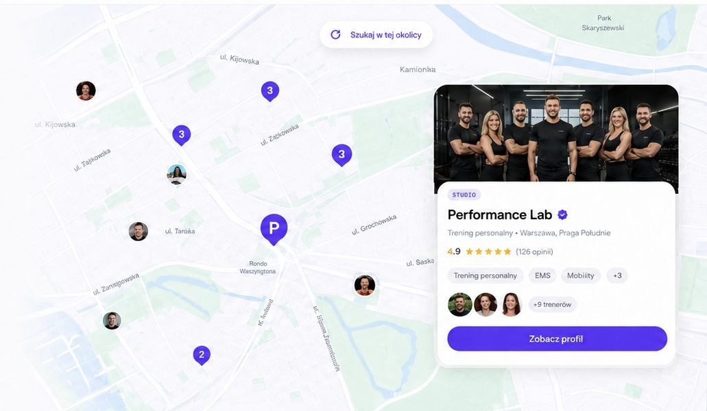 Mapa okolicy z pinami trenerów i kartą studia Performance Lab