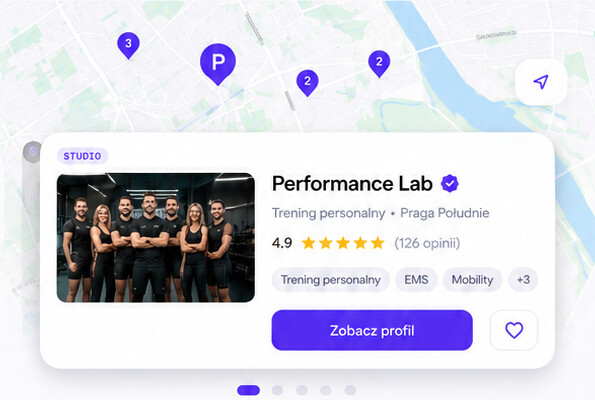 Mapa okolicy z pinami trenerów i kartą studia Performance Lab