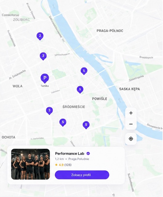 Mapa Warszawy z zaznaczonymi trenerami i studiami