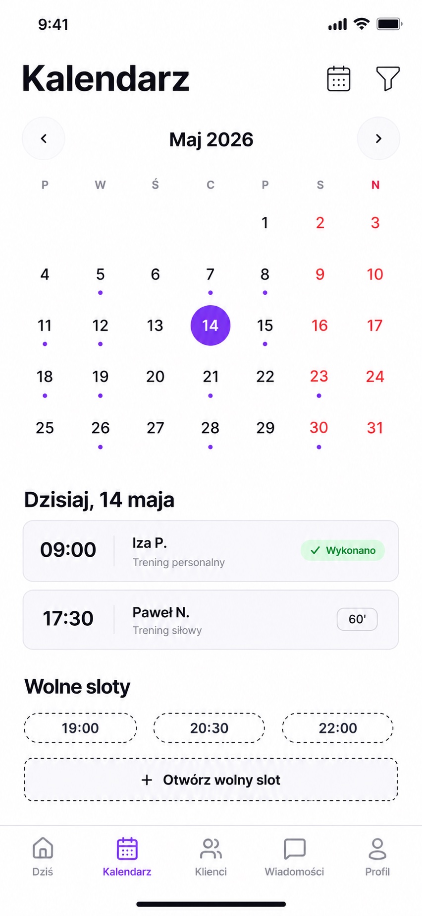 Kalendarz w aplikacji Trenuje
