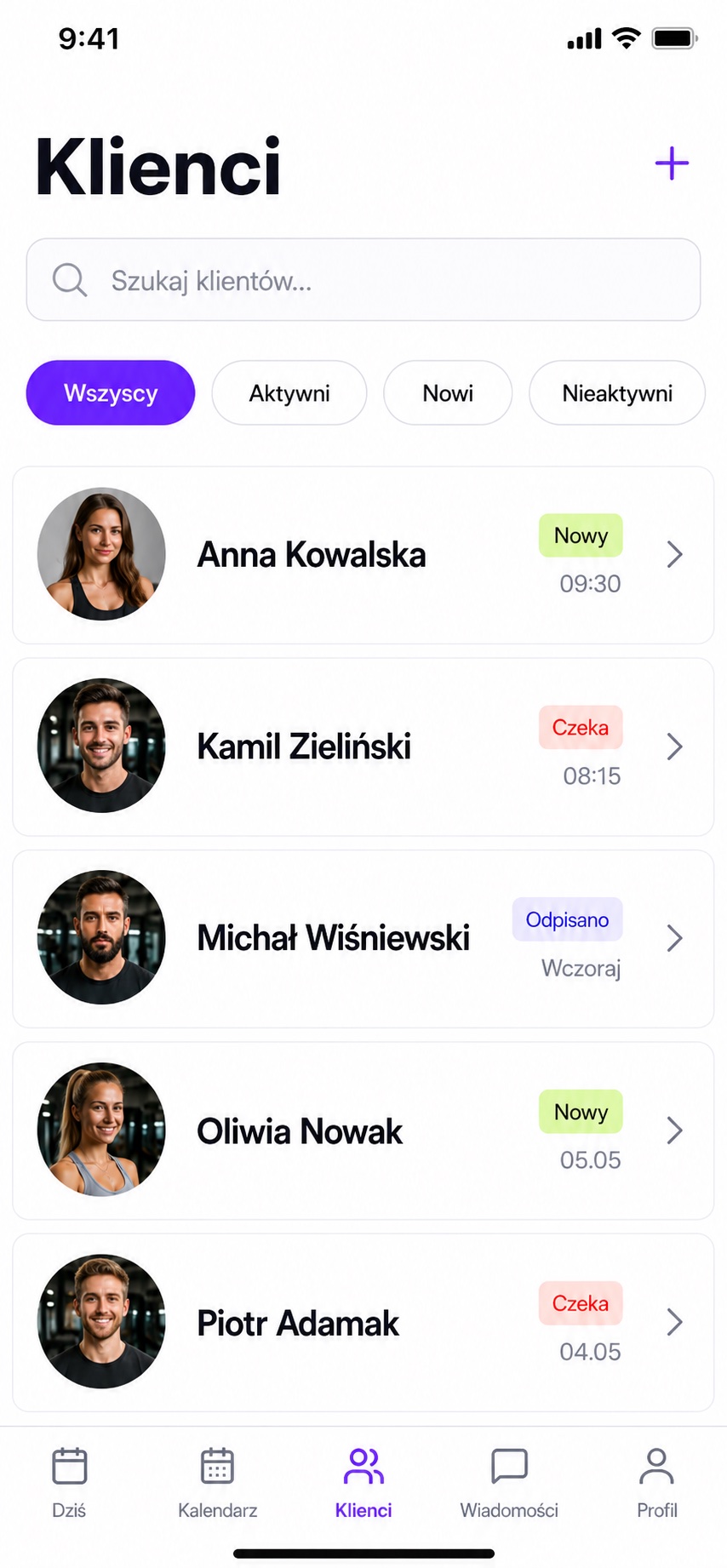 Lista klientów w aplikacji Trenuje
