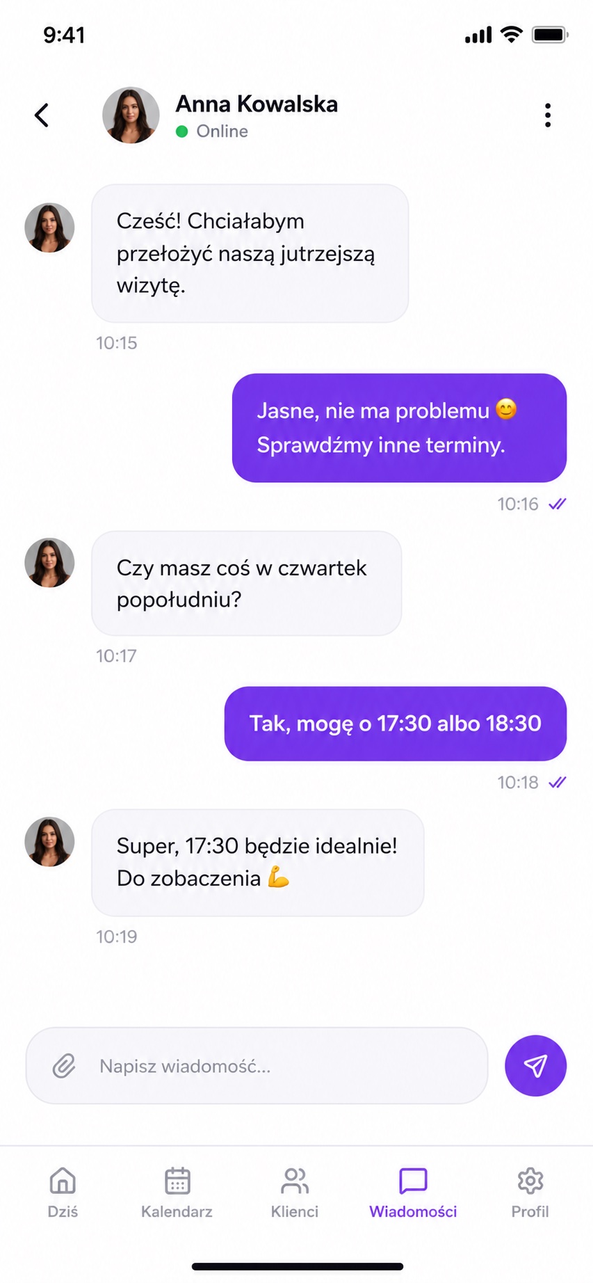 Wiadomości z klientem w aplikacji Trenuje